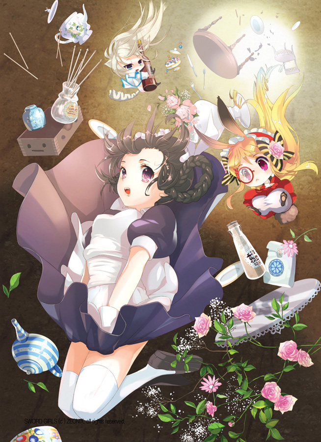 animal_ears apron blonde_hair blue_eyes bottle braid brown_hair bunny_ears bunny_tail cat_ears cat_tail chair cinia_pacifica crossover dishes dress dress_tug drink falling flower headdress long_hair maid mintchoco_(orange_shabette) new_maid pink_eyes purple_eyes sigma_(sword_girls) sword_girls table tail teapot thighhighs