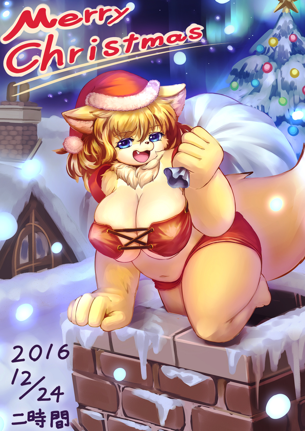2016 anthro big_breasts blonde_hair blue_eyes breasts building canine christmas christmas_tree cleavage clothed clothing costume english_text fangs female fox fur hair hat hi_res holidays house huge_breasts japanese_text looking_at_viewer mammal ni_jikan night nipple_bulge open_mouth outside santa_costume santa_hat slightly_chubby snow solo text thick_thighs tree voluptuous yellow_fur