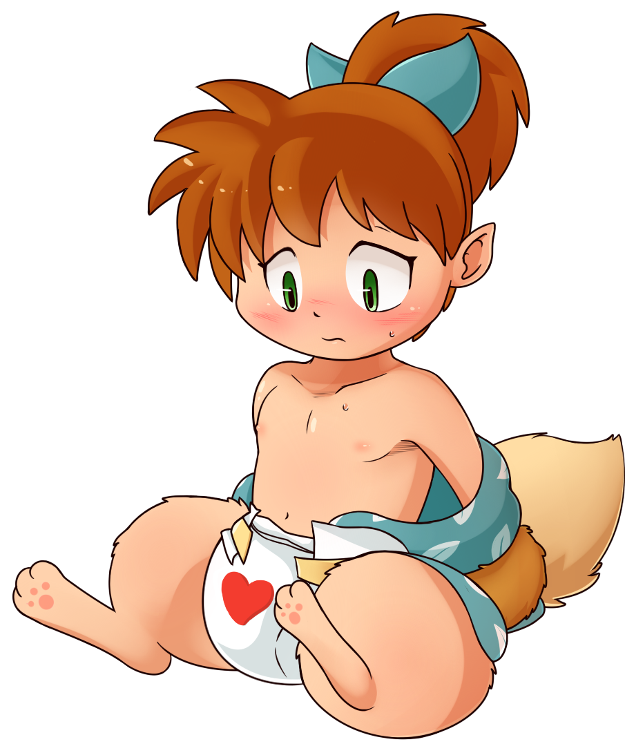 &lt;3 animal_humanoid blush bow brown_hair canine clothing diaper embarrassed fox fox_humanoid green_eyes hair humanoid mammal nipples pawpads paws pointy_ears sagemerric shippou sitting solo undressing young