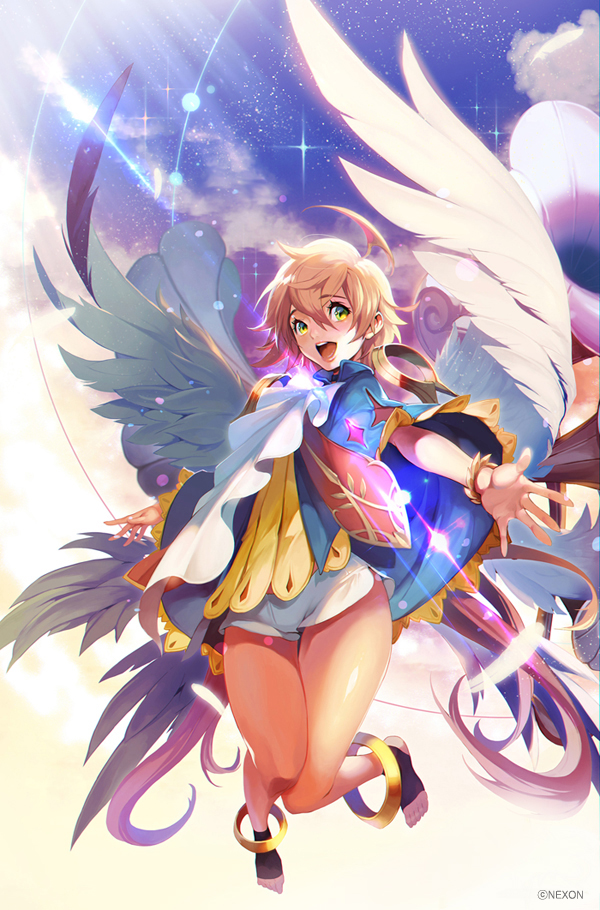 :d blue_cape blue_sky bracelet cape cloud dice_of_soul full_body green_eyes jewelry light_brown_hair looking_at_viewer nawol official_art open_mouth outdoors outstretched_hand sky smile solo sunlight watermark white_wings wings