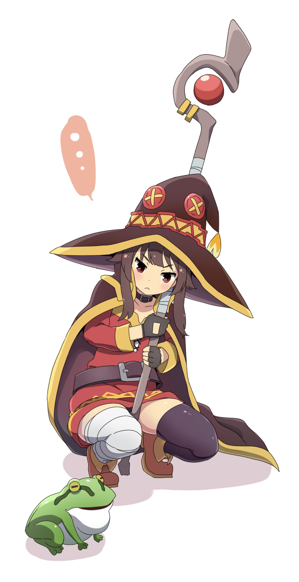 asymmetrical_legwear bandaged_leg bandages belt black_gloves black_hair black_legwear boots brown_hair cape collar collarbone dress fingerless_gloves frog full_body gloves hat holding holding_staff kono_subarashii_sekai_ni_shukufuku_wo! looking_at_viewer megumin nana-ine red_dress red_eyes short_dress short_hair short_hair_with_long_locks sidelocks simple_background single_thighhigh solo squatting staff thighhighs white_background witch_hat