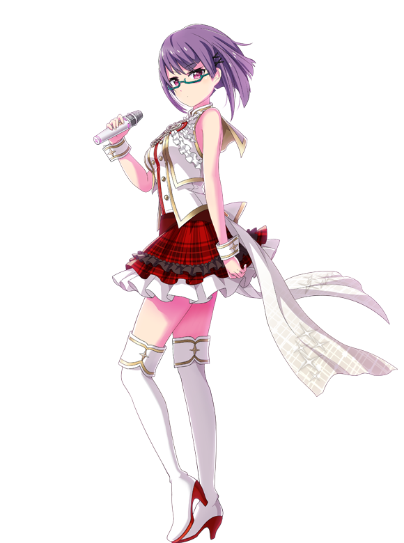 1girl blush bob_cut breasts frilled_skirt full_body glasses green-framed_glasses high_heel_boots looking_at_viewer medium_breasts microphone miniskirt nanami_(project_tokyo_dolls) official_art pink_eyes plaid_skirt project_tokyo_dolls purple_hair semi-rimless_glasses short_hair simple_background skirt sleeveless solo square_enix standing thigh_boots transparent_background under-rim_glasses wrist_cuffs zettai_ryouiki