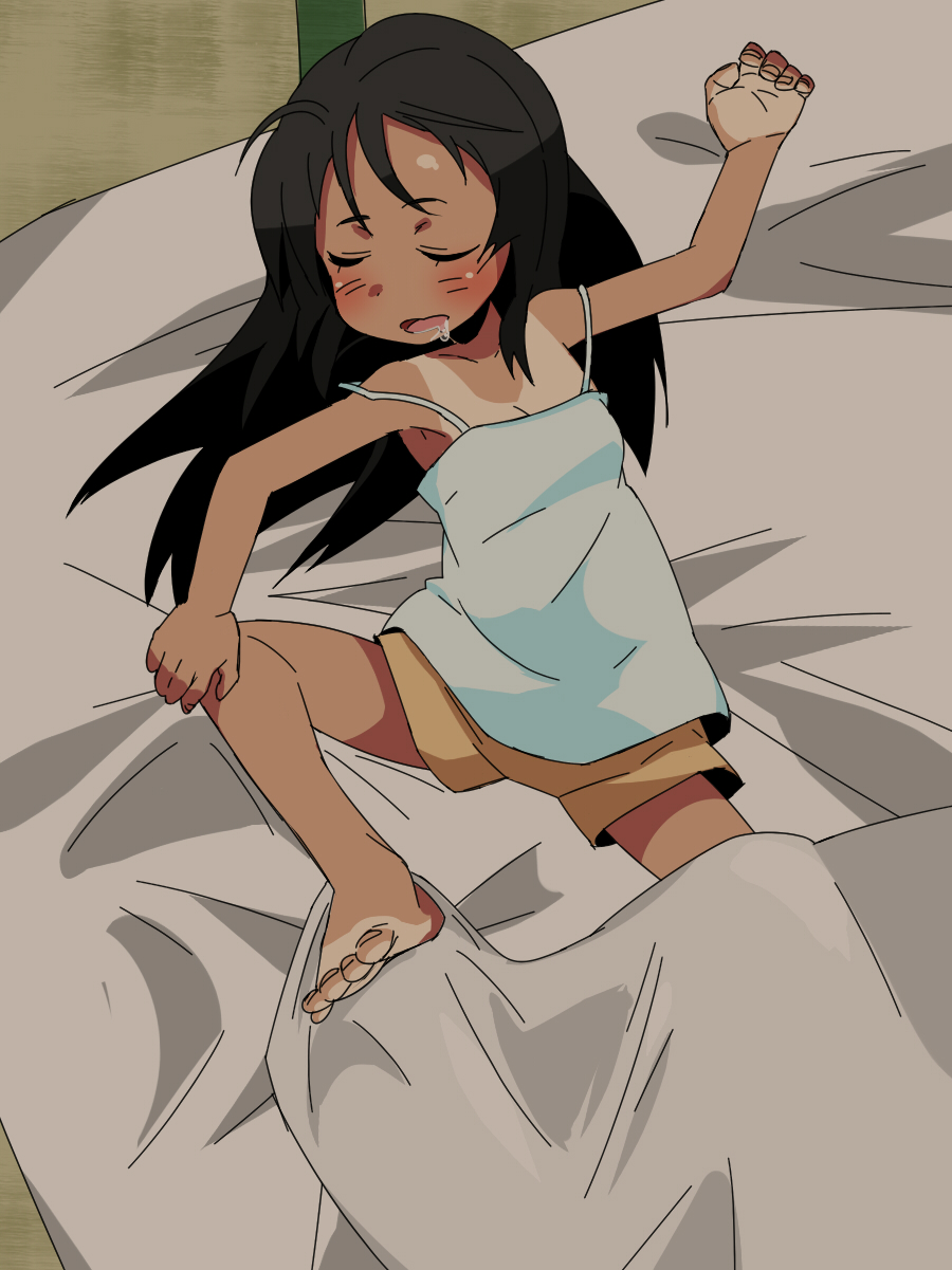 1girl barefoot camisole child dark_skin drooling eyes_closed feet long_hair lying on_back on_bed open_mouth original sanzui shorts sleeping tan tanline toes