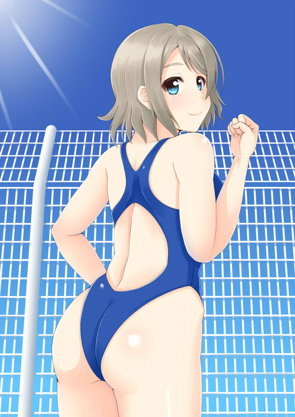 1girl ass back back_opening bare_shoulders blue_eyes blush breasts brown_hair from_behind looking_at_viewer love_live! love_live!_sunshine!! one-piece_swimsuit school_swimsuit shiny shiny_clothes shiny_hair shiny_skin short_hair sideboob smile solo sonochi swimsuit watanabe_you