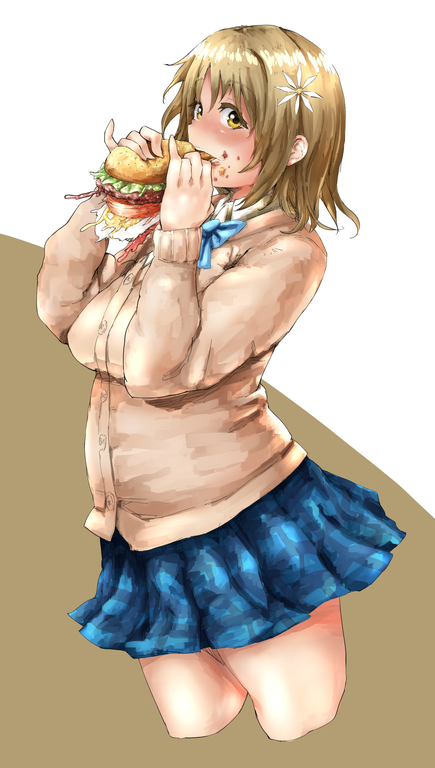 bad_id bad_pixiv_id bangs belly blush bow breast_squeeze breasts brown_eyes brown_hair eating emanonta food food_on_face glutton hair_ornament hamburger idolmaster idolmaster_cinderella_girls large_breasts long_sleeves looking_back messy mimura_kanako open_mouth plump school_uniform short_hair simple_background skirt