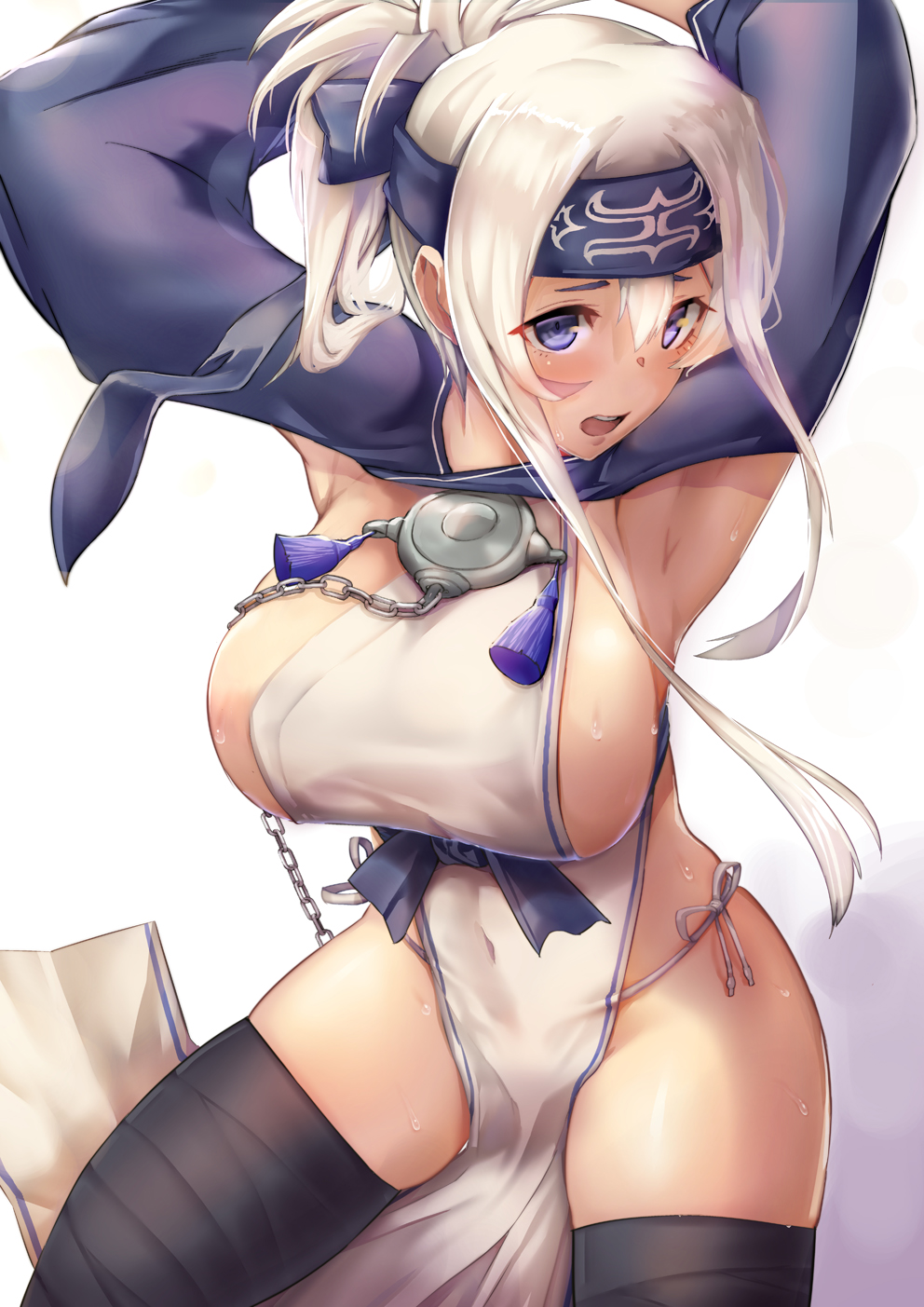 armpits arms_behind_back arms_up backlighting black_legwear blue_eyes blush breasts covered_navel folded_ponytail from_above hair_between_eyes headband highres indoors kamoi_(kantai_collection) kantai_collection large_breasts long_hair looking_at_viewer on_table open_mouth panties pelvic_curtain raised_eyebrows round_teeth sash satou_daiji side-tie_panties side_slit sideboob sidelocks sitting solo string_panties sunlight sweat tabard table tareme tassel teeth thighhighs underbust underwear white_hair