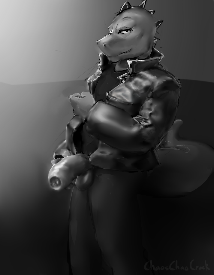 anthro balls chaoschaocrack clothing grey_background jacket leather leather_jacket male penis saucy_(character) scalie simple_background solo uncut