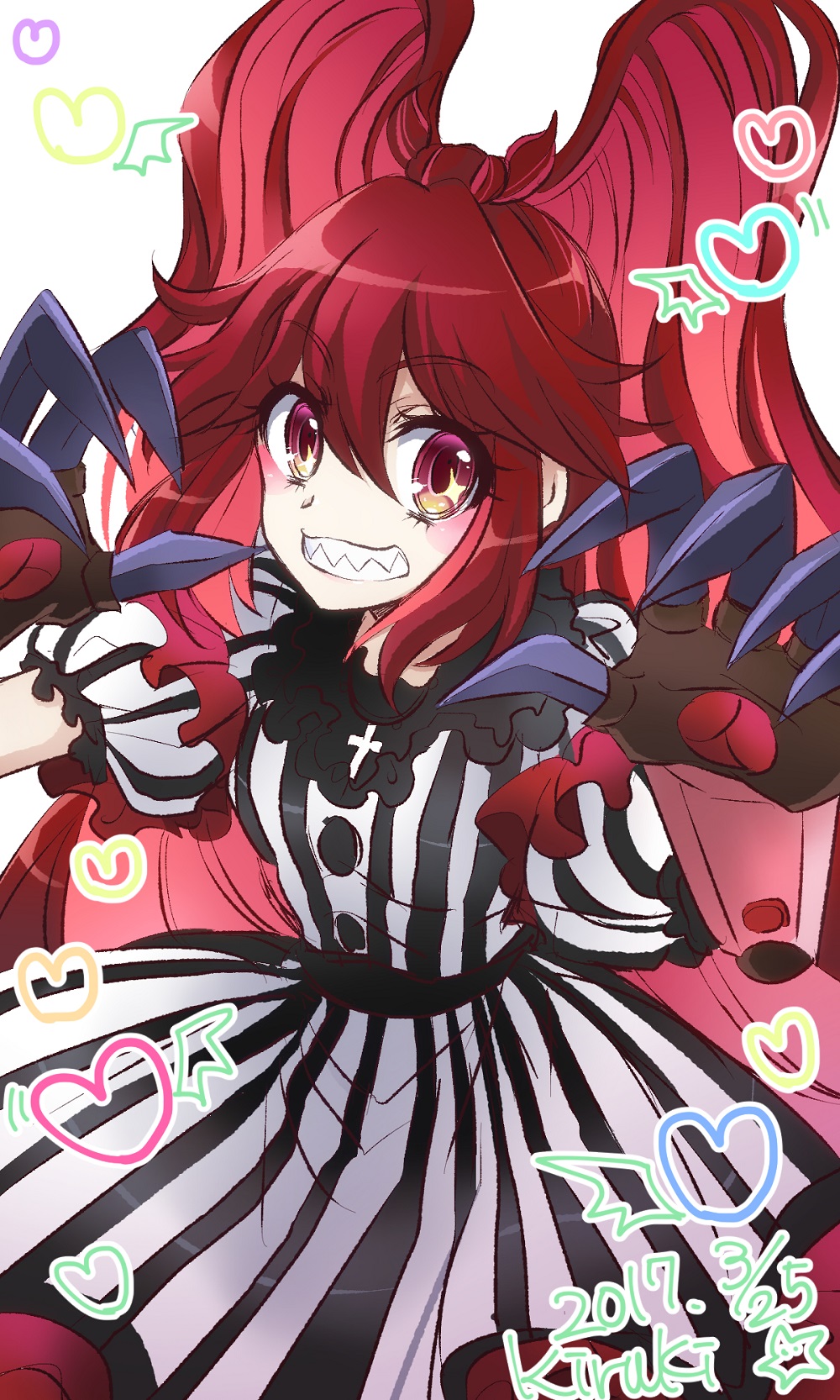 alternate_costume alternate_hairstyle artist_name blush_stickers claw_(weapon) dated dress eyebrows_visible_through_hair eyelashes grin heart highres kiraki long_hair looking_at_viewer micha_jawkan multicolored_hair pink_hair puffy_short_sleeves puffy_sleeves red_eyes red_hair senki_zesshou_symphogear sharp_teeth short_sleeves smile solo striped striped_dress teeth two-tone_hair vertical_stripes very_long_hair weapon