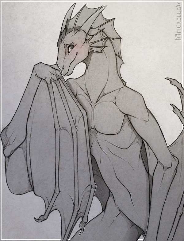 anthro blush dragon drpickelle fin greyscale horn looking_at_viewer male monochrome nude shy smile solo winged_arms wings wyvern