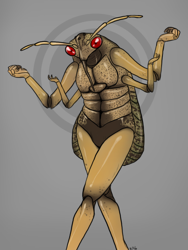 2016 4_arms 5_fingers abc_insects ambiguous_gender anatomically_correct antennae anthro arthropod brown_countershading countershade_torso countershading digital_media_(artwork) digital_painting_(artwork) exoskeleton featureless_crotch flat_chested front_view grey_background hands_above_head humanoid_hands insect kudzu_bug looking_at_viewer mandibles multi_arm multi_limb nude portrait pose red_eyes reverse_countershading shrug simple_background skelebee solo standing stink_bug three-quarter_portrait