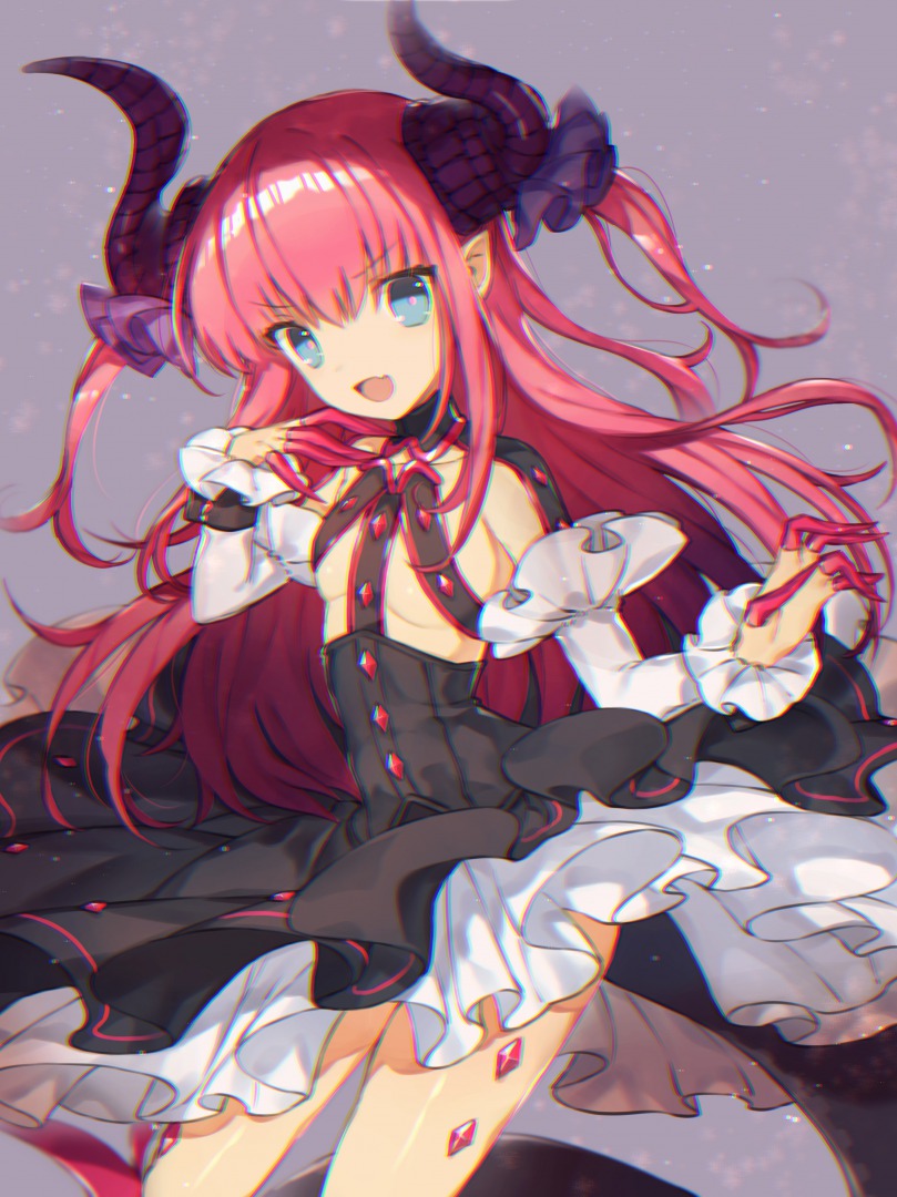 :d bangs black_dress blue_eyes breasts commentary cowboy_shot detached_sleeves dress elizabeth_bathory_(fate) elizabeth_bathory_(fate)_(all) eyebrows_visible_through_hair fang fate/extra fate/extra_ccc fate_(series) frills hand_up horns long_hair looking_at_viewer open_mouth pink_hair pointy_ears small_breasts smile solo two_side_up v-shaped_eyebrows yasiromann