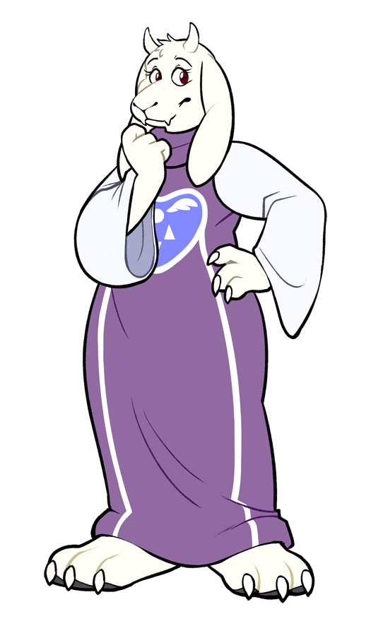 boss_monster caprine claws clothing delta_rune fangs female fur goat hand_on_hip horn long_ears mammal paws robe simple_background solo spiderd0nuts standing toriel undertale video_games white_fur