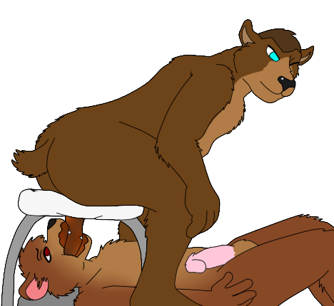 anthro balls bear black_nose blue_eyes brown_fur brown_hair butt crouching duo eating_shit fangs feces fur hair humanoid_penis living_toilet male male/male mammal nude open_mouth penis pink_penis red_eyes scat simple_background teeth unknown_artist white_background