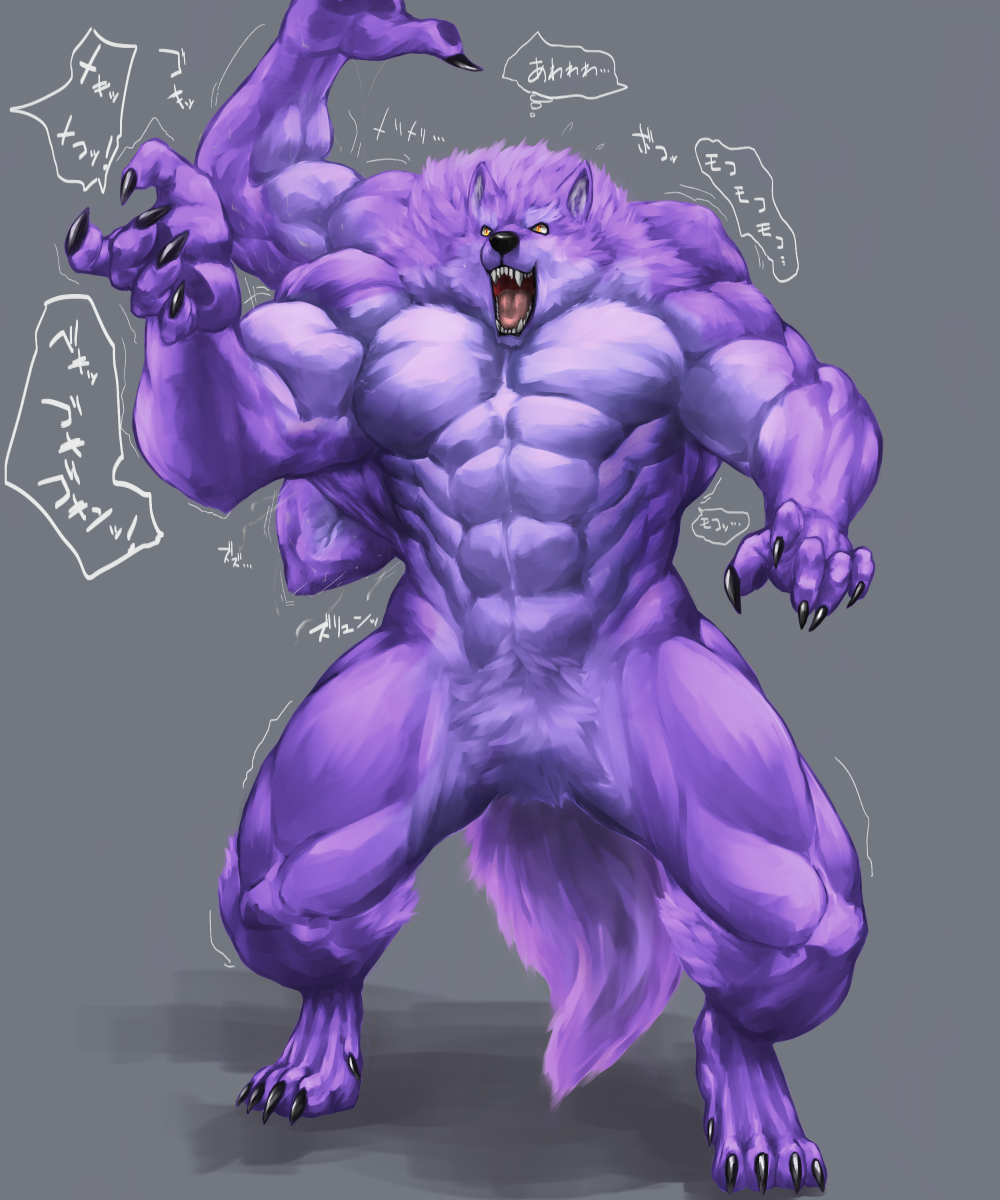 abs anthro biceps big_muscles black_nose canine captainjohkid claws flakjacket0204 growth japanese_text mammal multi_arm multi_limb muscle_growth muscular nude open_mouth solo text transformation translated were werewolf wolf