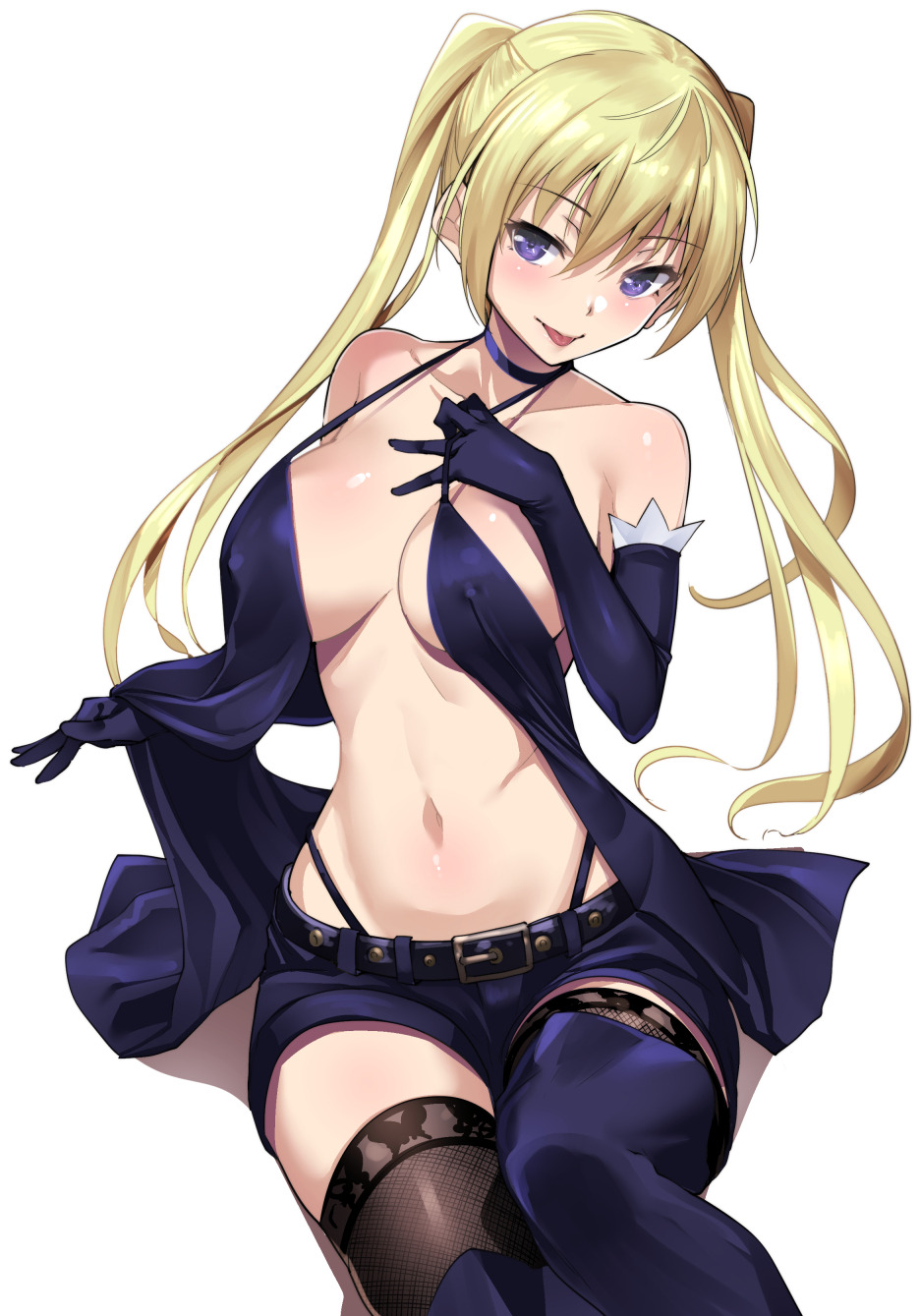 1girl :p animal_print bare_shoulders belt belt_buckle black_gloves black_legwear black_panties black_shorts blonde_hair blush breasts buckle butterfly_print collarbone elbow_gloves erect_nipples eyebrows_visible_through_hair gloves hair_between_eyes highleg highleg_panties highres large_breasts lieselotte_sherlock lifted_by_self lips long_hair looking_at_viewer navel panties purple_eyes revealing_clothes short_shorts shorts sideboob simple_background sitting smile strap_gap strap_pull thighhighs tomohiro_kai tongue tongue_out trinity_seven tsurime twintails underwear white_background