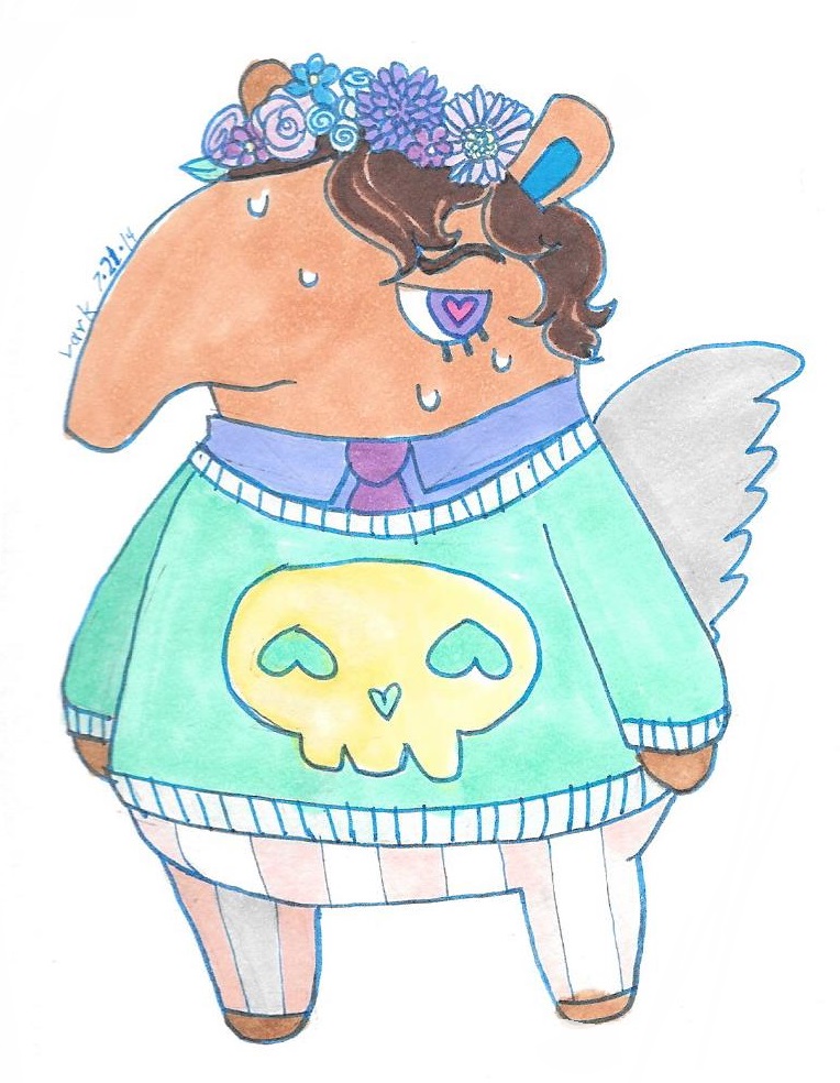 &lt;3 &lt;3_eyes 2014 animal_crossing anteater anthro biped brown_fur brown_hair clothed clothing cool_colors curly_hair featureless_feet featureless_hands featureless_limbs flower_crown fluffy fluffy_tail forward_view full-length_portrait fur girly grey_fur hair half-closed_eyes male mammal marker_(artwork) mixed_media multicolored_fur nintendo olaf_(animal_crossing) pastel pen_(artwork) portrait purple_eyes short_hair simple_background skull snout solo standing sweat sweatdrop thelyinglark traditional_media_(artwork) video_games watermark white_background