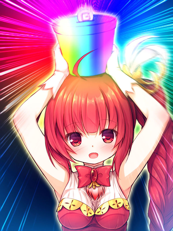 bow braid breasts coin eyebrows_visible_through_hair flower_knight_girl gloves long_hair looking_at_viewer medium_breasts pachira_(flower_knight_girl) rainbow red_bow red_eyes red_hair side_ponytail smile solo upper_body white_gloves yuku_(kiollion)