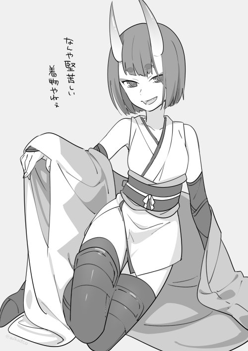 :d aikanm arm_up ass_visible_through_thighs bare_shoulders bob_cut breasts cosplay detached_sleeves eyebrows_visible_through_hair eyeliner fate/grand_order fate_(series) grey_background greyscale hikimayu horns japanese_clothes kimono koha-ace makeup monochrome obi okita_souji_(fate) okita_souji_(fate)_(all) okita_souji_(fate)_(cosplay) oni oni_horns open_mouth sash seiyuu_connection short_hair short_kimono shuten_douji_(fate/grand_order) side_slit simple_background sitting sleeveless sleeveless_kimono small_breasts smile solo thick_eyebrows thighhighs translated yokozuwari yuuki_aoi