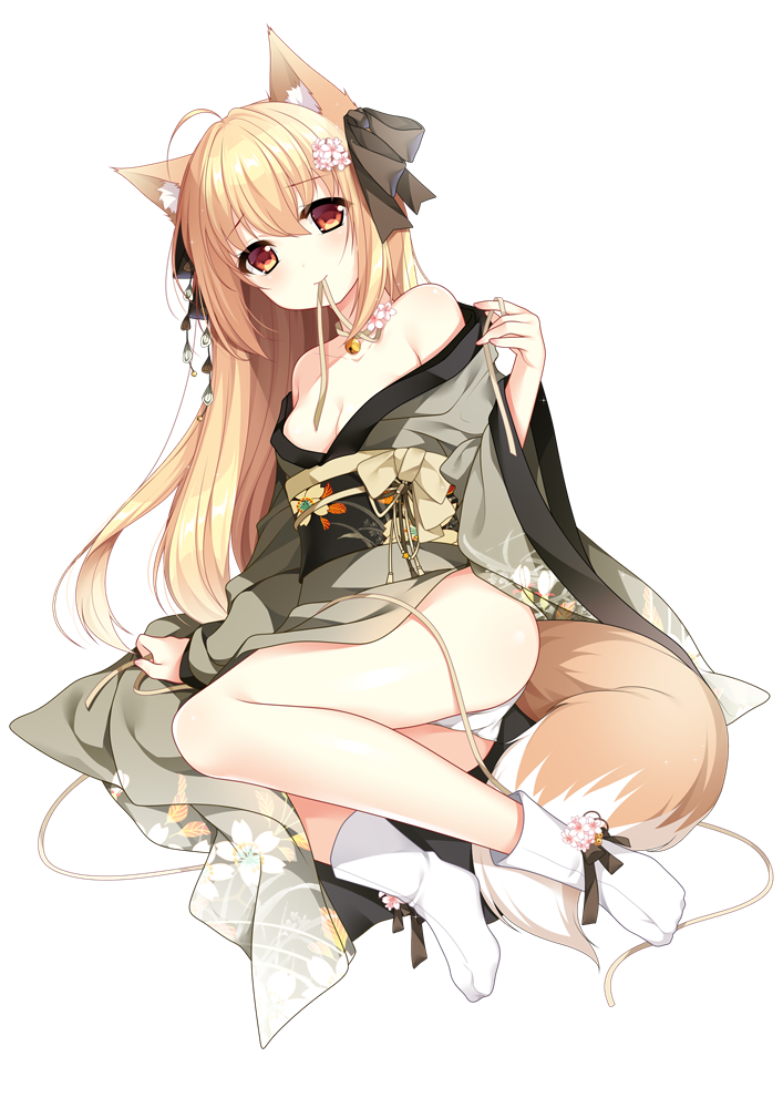 1girl animal_ear_fluff animal_ears ass bangs bare_shoulders bell blonde_hair bow breasts brown_bow brown_ribbon cleavage closed_mouth commentary_request copyright_request eyebrows_visible_through_hair flower fox_ears fox_girl fox_tail grey_kimono hair_between_eyes hair_bow hair_flower hair_ornament japanese_clothes jingle_bell kimono long_hair looking_at_viewer medium_breasts mouth_hold no_shoes off_shoulder official_art panties red_eyes ribbon ribbon_in_mouth simple_background smile socks solo tabi tail underwear verjuice very_long_hair white_background white_flower white_legwear white_panties