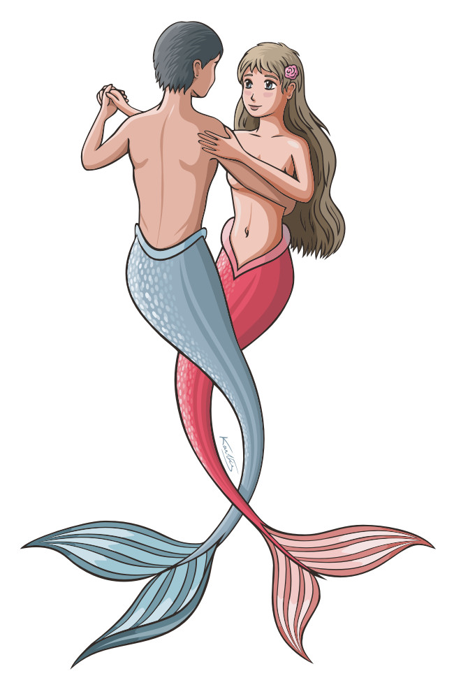 1boy 1girl blue_eyes couple cute dancing love mermaid merman monster_boy monster_girl topless vector