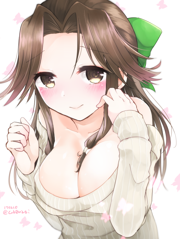 breasts brown_eyes brown_hair cleavage collarbone dated half_updo jintsuu_(kantai_collection) kantai_collection large_breasts long_hair long_sleeves nagihashi_koko smile solo sweater twitter_username white_sweater