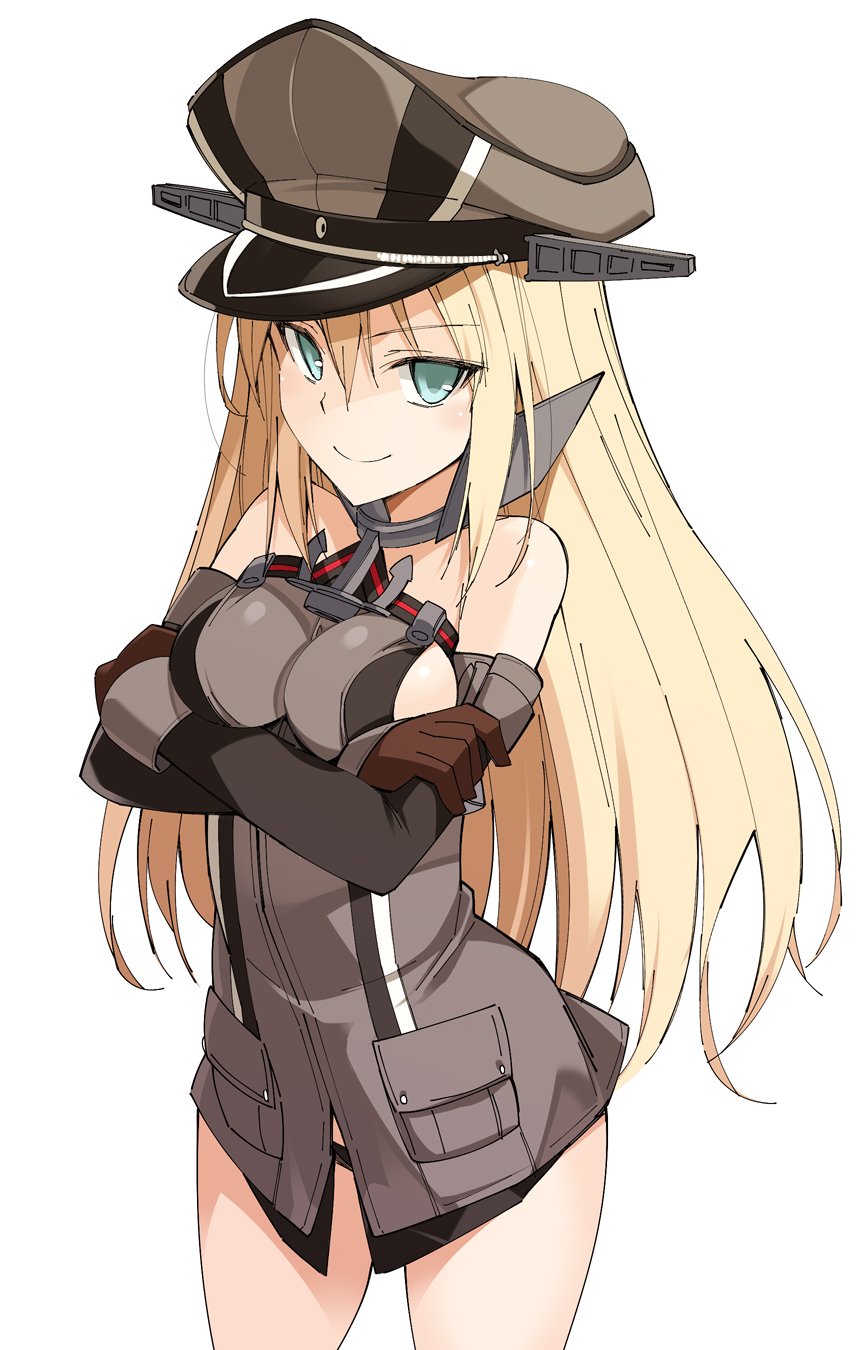 1girl anchor bare_shoulders bismarck_(kantai_collection) black_panties blonde_hair blue_eyes breasts crossed_arms detached_sleeves eyebrows_visible_through_hair hat highres kantai_collection large_breasts long_hair looking_at_viewer military military_uniform oota_yuuichi panties pantyshot pantyshot_(standing) peaked_cap simple_background smile solo standing straight_hair underwear uniform white_background