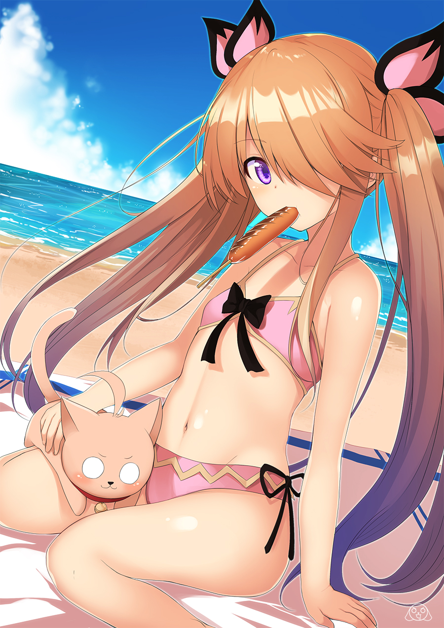 beach bikini cat corndog day flat_chest front-tie_top hair_over_one_eye hair_ribbon highres long_hair mahcdai orange_hair original outdoors pink_bikini purple_eyes ribbon rum_ialis side-tie_bikini sitting swimsuit twintails wariza