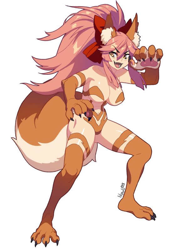 animal_ears bell bell_collar big_hair breasts claws cleavage collar commentary cosplay fate/extra fate/grand_order fate_(series) felicia felicia_(cosplay) fox_ears fox_tail full_body fur hair_ribbon large_breasts lilirulu long_hair looking_at_viewer open_mouth paws pink_hair ribbon slit_pupils solo tail tamamo_(fate)_(all) tamamo_cat_(fate) transparent_background vampire_(game) yellow_eyes