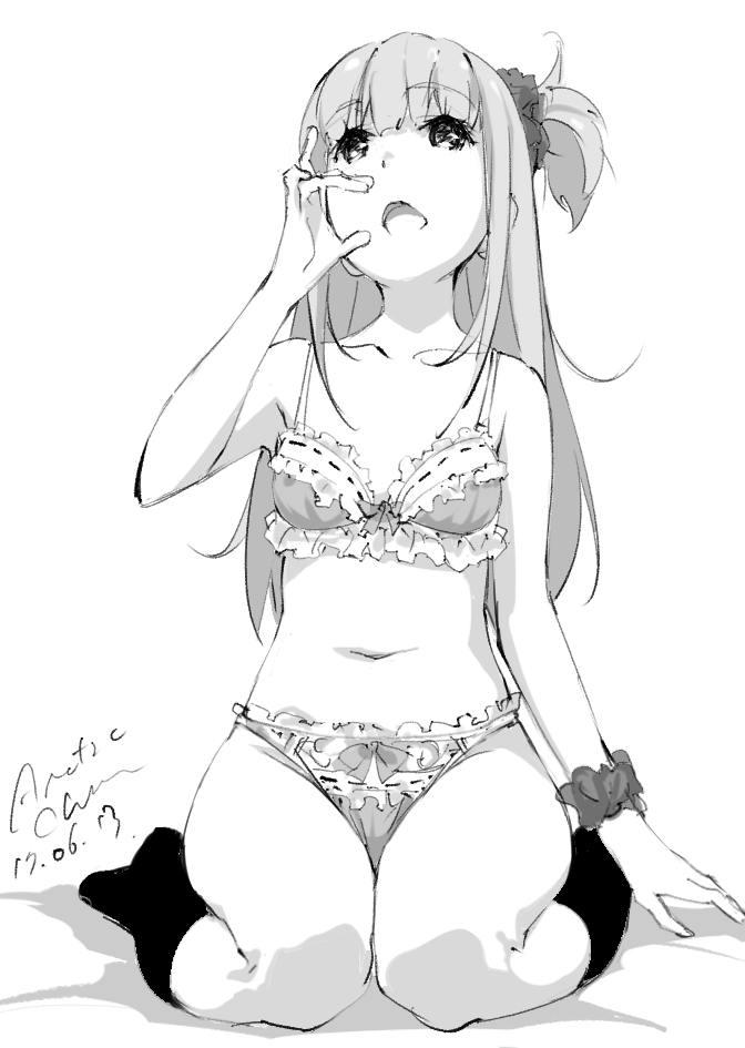 artist_name bangs bow bow_bra bow_panties bra collarbone commentary dated eyebrows_visible_through_hair fellatio_gesture frilled_bra frilled_panties frills greyscale hand_up kneehighs long_hair looking_up monochrome navel one_side_up open_mouth original panties scrunchie seiza signature sitting sketch solo tabata_hisayuki thighs underwear underwear_only wrist_scrunchie