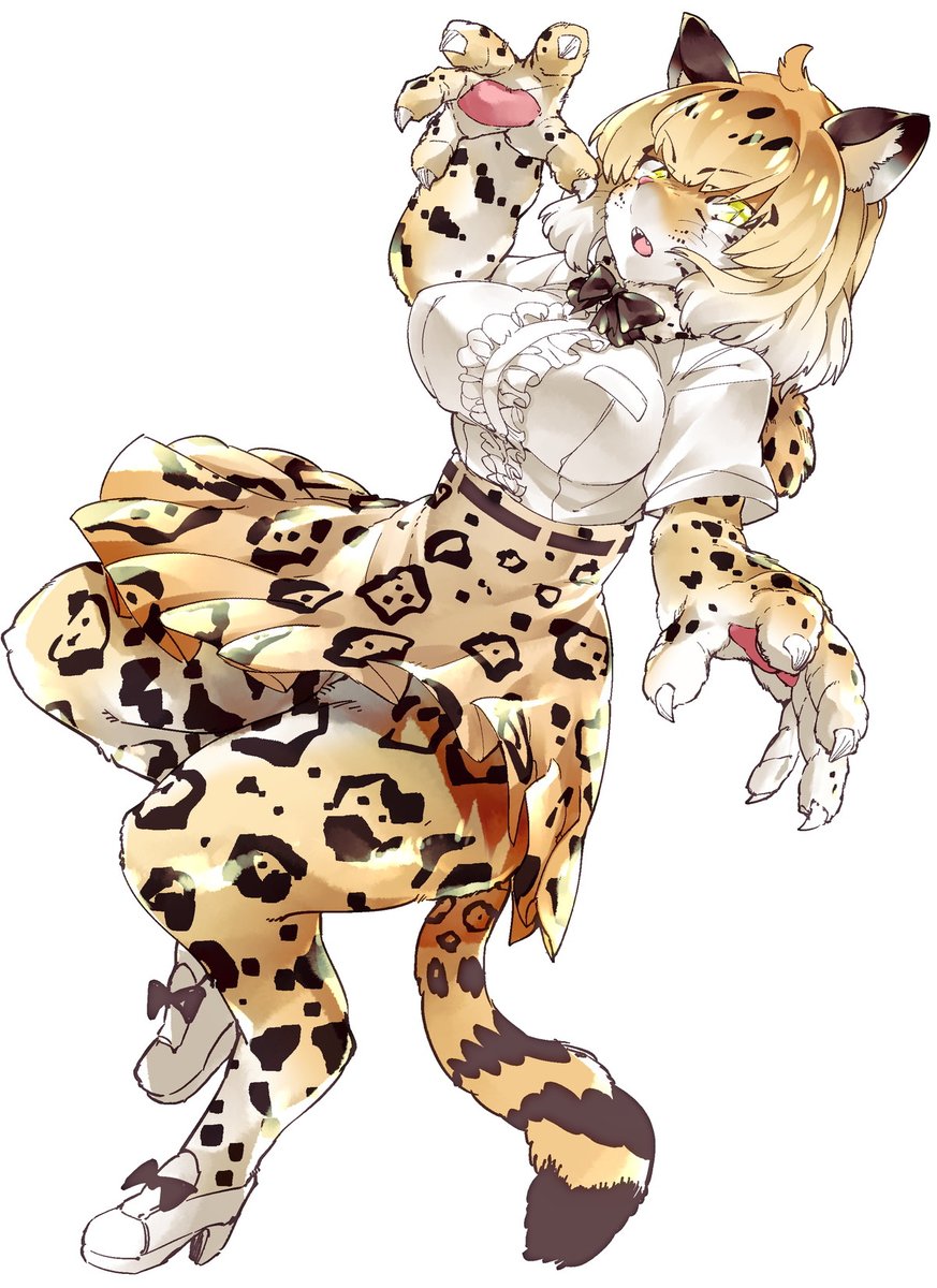 anthro blonde_hair blouse breasts brown_spots claws clothing feline female hair jaguar jaguar_(kemono_friends) kemono kemono_friends mammal open_mouth pawpads ribbons short_hair sigmarion skirt spots spotted_tail striped_tail stripes yellow_eyes