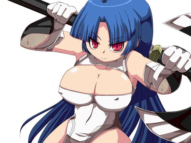 1girl artist_request axe bare_shoulders battle_axe blue_hair breasts cleavage curvy erect_nipples female gloves hime_cut holding holding_weapon huge_breasts long_hair looking_at_viewer nipples no_bra pelvic_curtain red_eyes serious shiny_skin short_dress simple_background solo taimanin_(series) taimanin_asagi taimanin_murasaki weapon white_background yatsu_murasaki