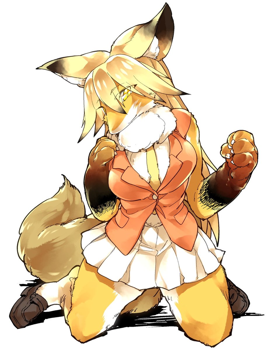 anthro blazer blonde_hair canine clothing countershading dipstick_ears ezo_red_fox_(kemono_friends) female fox fur fur_collar gloves_(marking) hair inner_ear_fluff kemono kemono_friends kneeling long_hair mammal markings necktie sigmarion skirt white_countershading yellow_eyes yellow_fur