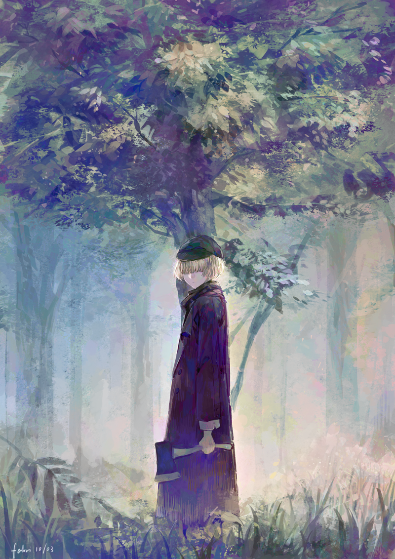 axe black_coat blonde_hair cabbie_hat commentary dated fabri forest from_side grass hair_over_eyes hat hatchet holding holding_axe leaf looking_at_viewer male_focus nature original plant signature solo tree