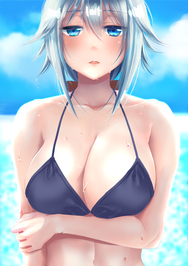 architect bangs bikini_top blue_eyes blush breasts cleavage crossed_arms frame_arms_girl hitomi_karera large_breasts ocean parted_lips solo