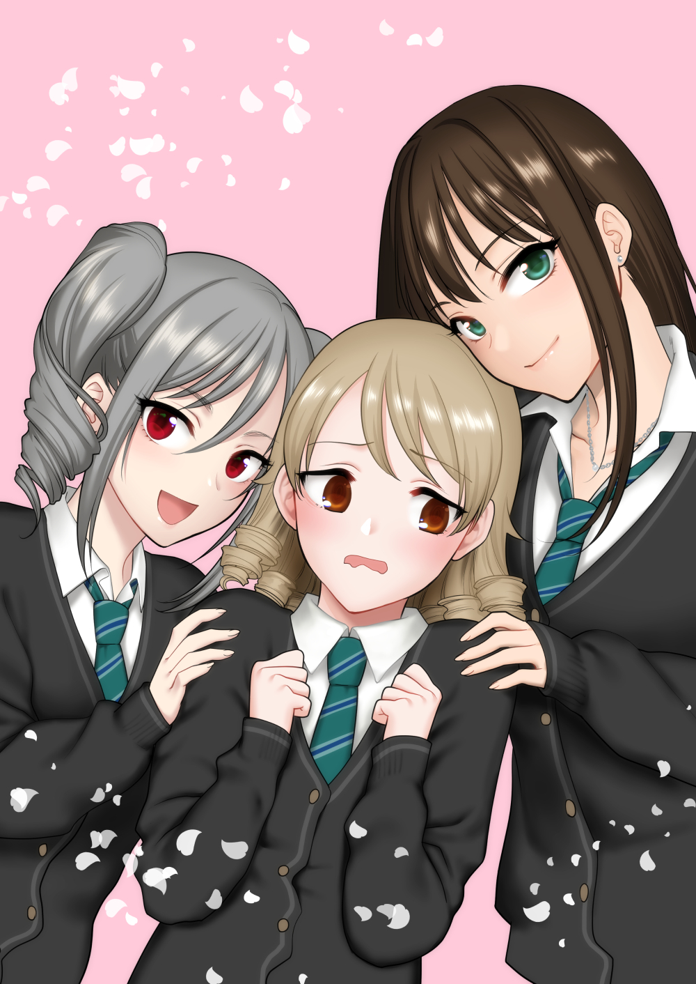 blush brown_eyes brown_hair cardigan commentary_request cosplay drill_hair highres idolmaster idolmaster_cinderella_girls kanzaki_ranko long_hair looking_at_viewer looking_away morikubo_nono multiple_girls necktie open_mouth red_eyes school_uniform shibuya_rin shibuya_rin_(cosplay) short_hair shoukaki_(earthean) silver_hair twin_drills wavy_mouth