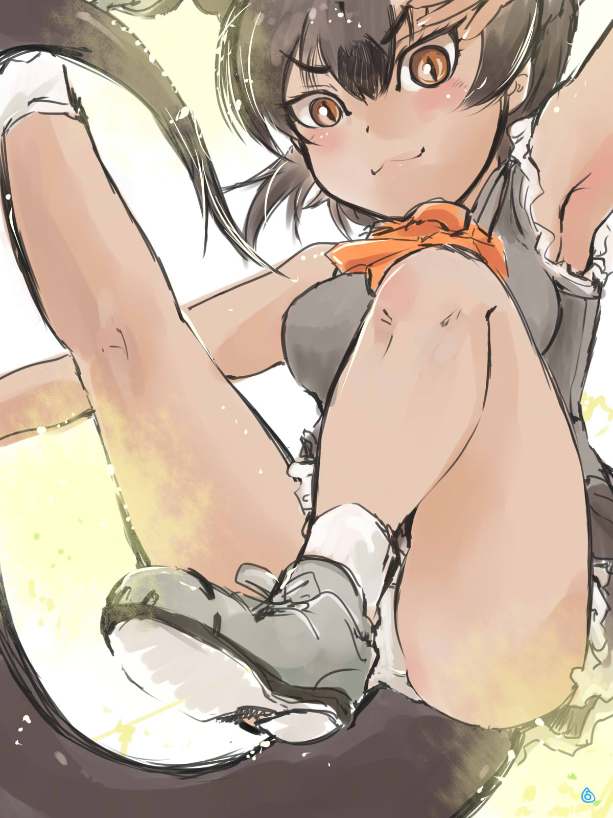 1girl arm_up armpits ascot ass bare_legs bare_shoulders brown_eyes closed_mouth dark_skin eyebrows_visible_through_hair fossa_(kemono_friends) fossa_tail frilled_shirt frilled_skirt frills grey_footwear grey_shirt hair_between_eyes highres jumping kemono_friends knee_up kneepits leg_up looking_at_viewer medium_hair mishiro_shinza orange_neckwear outstretched_arm outstretched_arms outstretched_leg panties pantyshot pantyshot_(jumping) shirt shoe_soles shoes short_hair sidelocks skirt sleeveless sleeveless_shirt slit_pupils smile socks solo spread_arms tail tsurime underwear v-shaped_eyebrows white_legwear white_panties