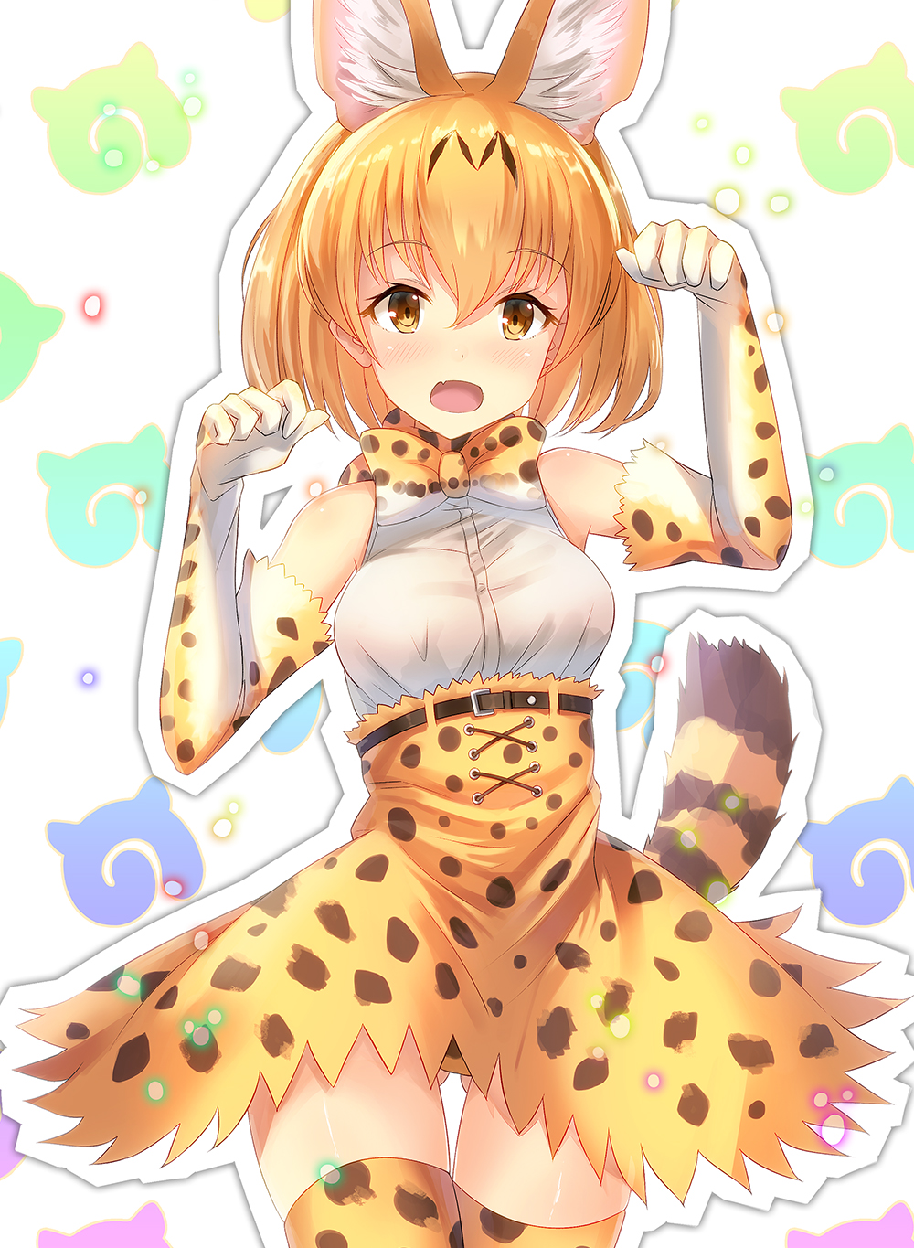 animal_ears ass_visible_through_thighs bow bowtie commentary_request cross-laced_clothes elbow_gloves fur_collar gloves high-waist_skirt highres japari_symbol kemono_friends looking_at_viewer paw_pose serval_(kemono_friends) serval_ears serval_print serval_tail shirt skirt sleeveless sleeveless_shirt striped_tail sunsuke tail