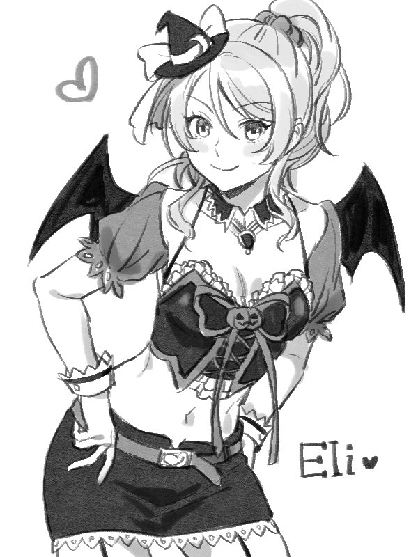 ayase_eli bat_wings belt breasts cleavage cowboy_shot detached_collar garter_straps greyscale hands_on_hips hat heart high_ponytail love_live! love_live!_school_idol_project medium_breasts midriff mini_hat mini_witch_hat miniskirt monochrome navel rin2010 scrunchie skirt smile solo wings witch_hat wrist_cuffs