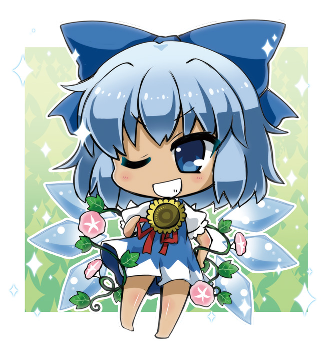 ;d bangs barefoot blue_bow blue_dress blue_eyes blush border bow chibi cirno commentary dress flower full_body green_background grin hair_bow hand_on_hip ice ice_wings light_blue_hair looking_at_viewer noai_nioshi one_eye_closed open_mouth outside_border plant puffy_short_sleeves puffy_sleeves red_ribbon ribbon short_hair short_sleeves smile solo sparkle standing sunflower tan tanned_cirno teeth touhou v-shaped_eyebrows vines white_border wings