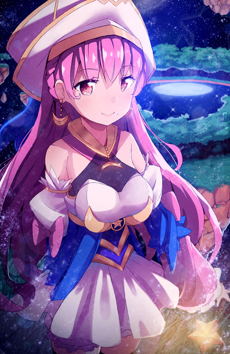 blush breasts detached_sleeves eyebrows_visible_through_hair highres large_breasts long_hair looking_at_viewer mole mole_under_mouth original pink_hair pot-palm red_eyes sky smile solo star star_(sky) starry_sky