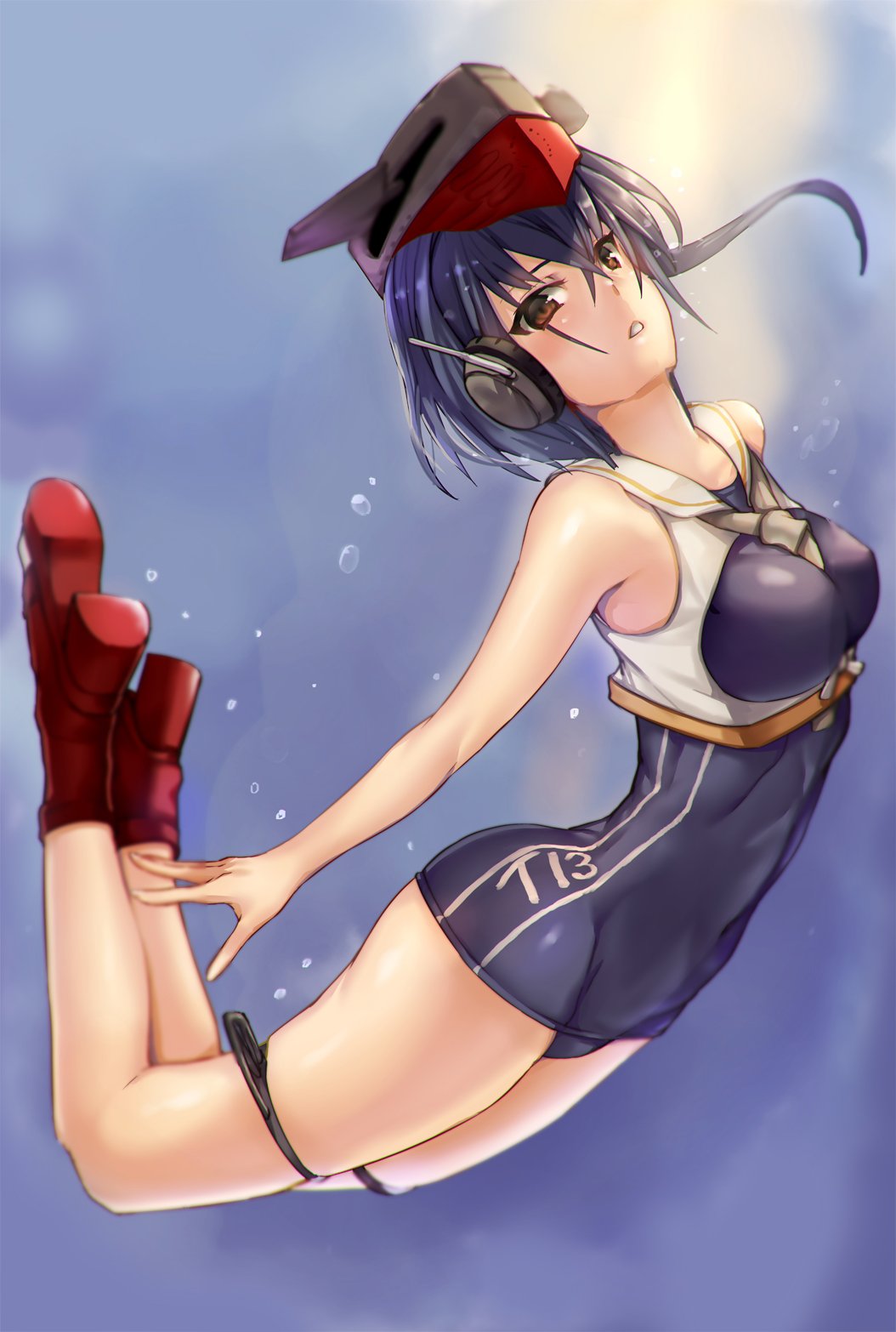 air_bubble blue_hair blue_swimsuit boots breasts brown_eyes bubble covered_nipples full_body hat headphones high_heels highres i-13_(kantai_collection) kantai_collection looking_at_viewer medium_breasts one-piece_swimsuit parted_lips red_footwear satou_daiji school_swimsuit see-through short_hair solo submerged swimsuit thigh_strap underwater