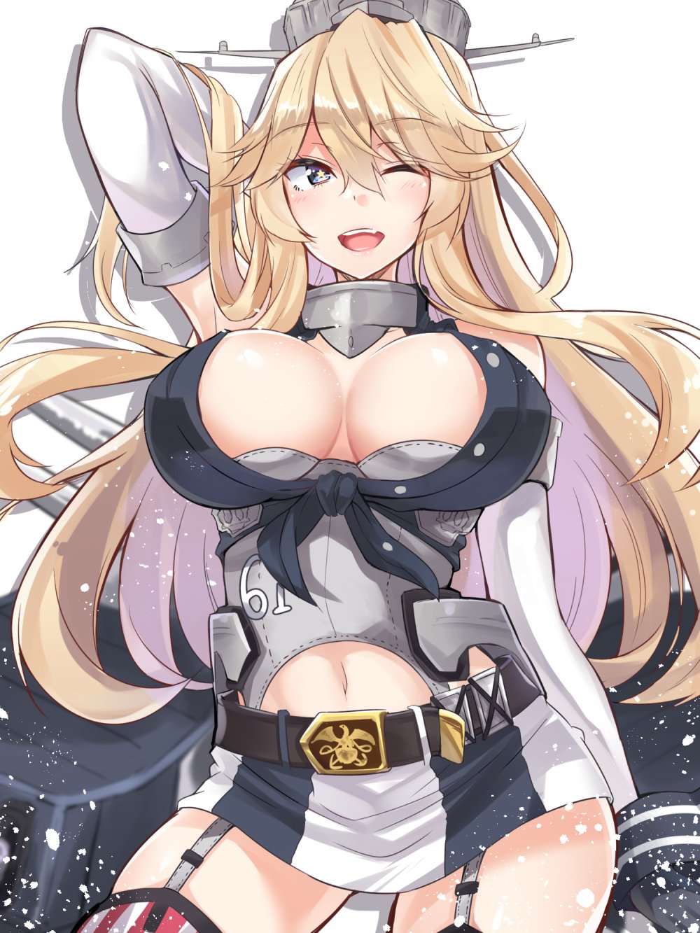 ;d belt belt_buckle bird black_belt blonde_hair blue_eyes breasts buckle collar eagle elbow_gloves eyebrows_visible_through_hair front-tie_top garter_straps gloves hair_between_eyes hand_behind_head hat headgear highres huge_breasts iowa_(kantai_collection) kantai_collection kazami_chiu long_hair looking_at_viewer midriff miniskirt navel one_eye_closed open_mouth rigging shadow simple_background skirt smile solo star star-shaped_pupils striped striped_legwear striped_skirt symbol-shaped_pupils teeth thighhighs turret two-tone_legwear vertical-striped_legwear vertical-striped_skirt vertical_stripes white_background