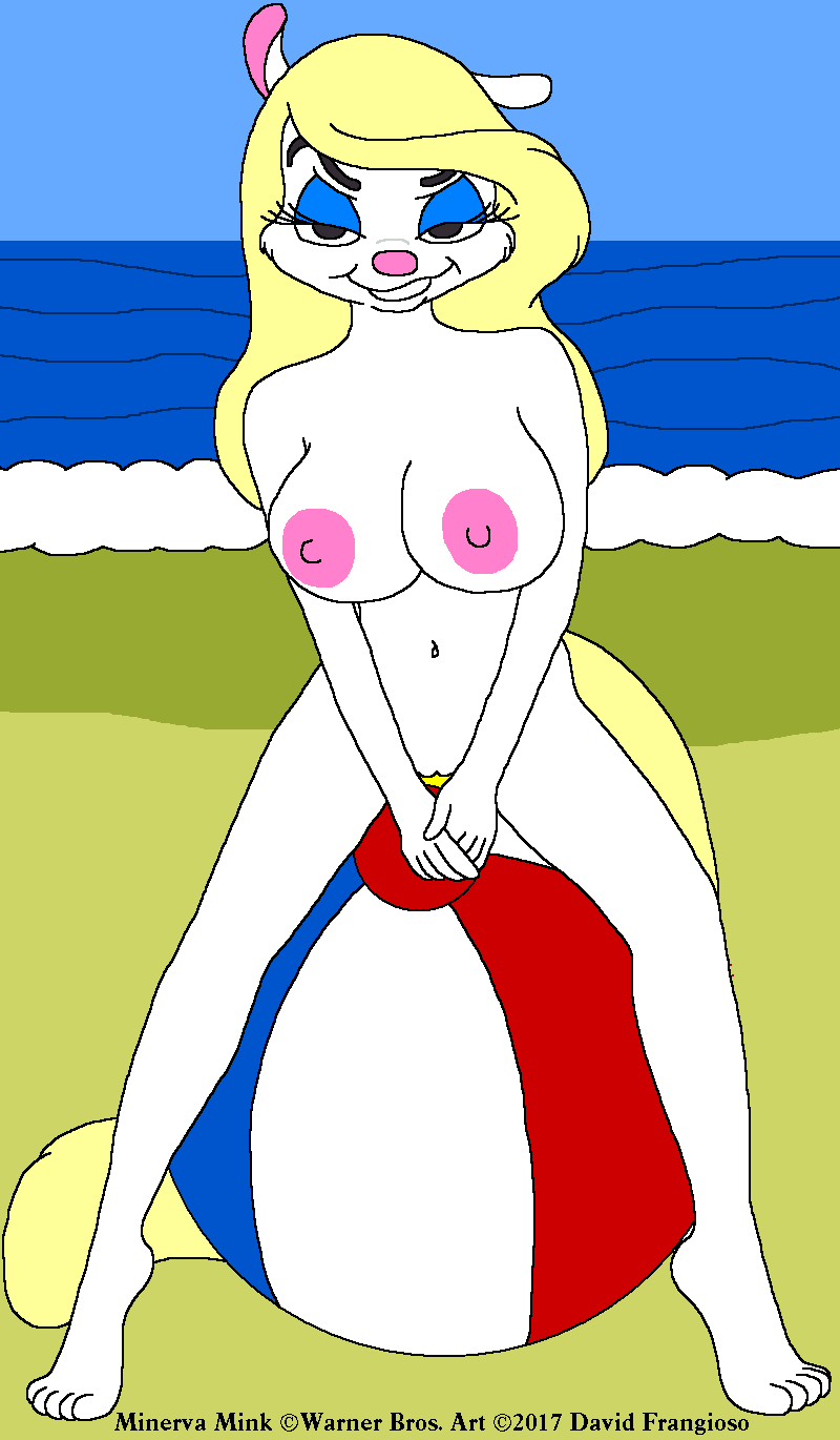 2017 animaniacs areola ball beach beach_ball bedroom_eyes breasts david_frangioso half-closed_eyes minerva_mink naughty_face navel nipples nude on_ball pussy seaside seductive teasing