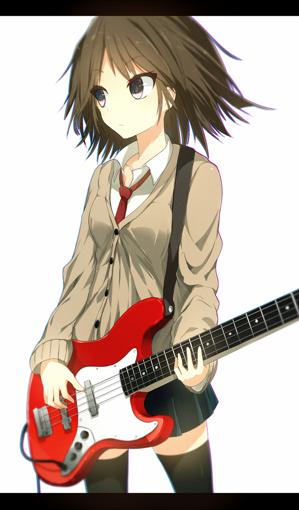 alternate_costume bass_guitar black_legwear blue_eyes blue_skirt breasts brown_hair brown_sweater buttons chromatic_aberration closed_mouth collared_shirt commentary_request dress_shirt eyebrows_visible_through_hair film_grain hiei_(kantai_collection) highres instrument kantai_collection long_sleeves looking_away music necktie playing_instrument pleated_skirt red_neckwear school_uniform shirt short_hair simple_background skirt small_breasts solo standing sune_(mugendai) sweater thighhighs white_background white_shirt