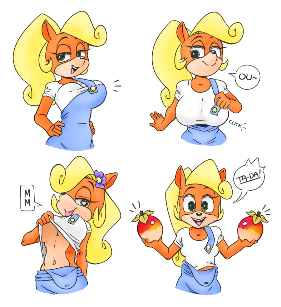 &lt;3 &lt;3_eyes anthro bandicoot big_breasts blonde_hair breasts clothed clothing coco_bandicoot crash_bandicoot_(series) eyebrows eyelashes female flower flower_in_hair food fruit green_eyes hair humor joke mammal marsupial midriff navel plant ponytail popon13 simple_background small_breasts solo squidapple text tongue tongue_out under_boob video_games white_background wumpa_fruit