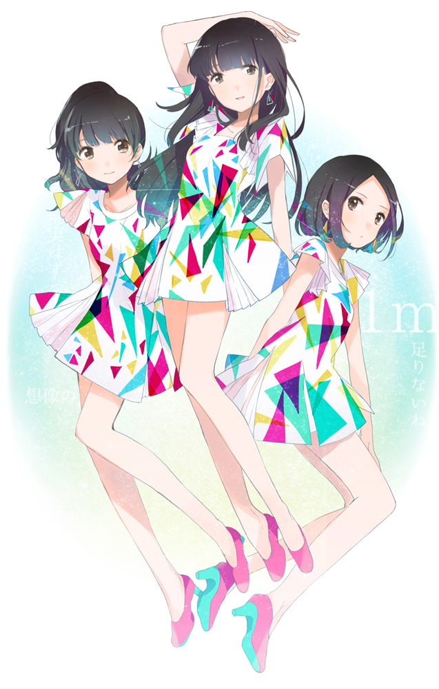 arm_up a~chan black_hair brown_eyes collarbone dress earrings fly_(marguerite) full_body high_heels jewelry kashiyuka long_hair looking_at_viewer multiple_girls nocchi_(perfume) parted_lips perfume real_life short_dress short_hair short_sleeves simple_background smile white_background