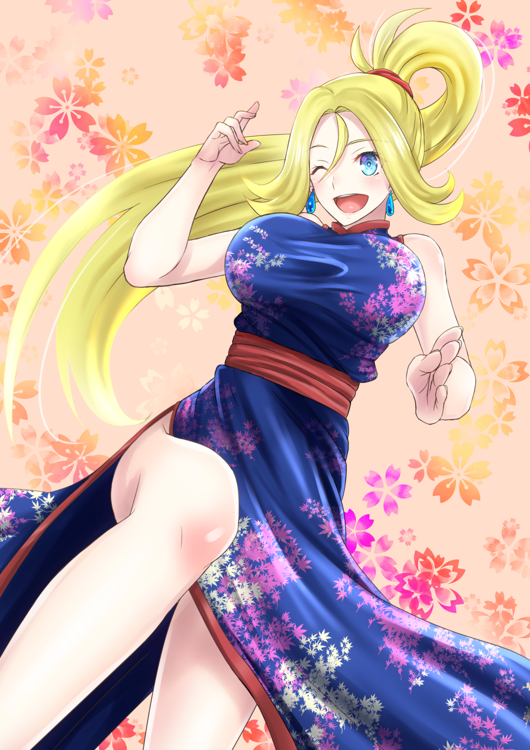 alternate_breast_size alternate_costume blonde_hair china_dress chinese_clothes dress earrings floral_background hair_between_eyes highres jewelry koruni_(pokemon) leaf_print long_hair looking_at_viewer one_eye_closed open_mouth pokemon pokemon_(game) pokemon_xy ponytail side_slit solo takecha