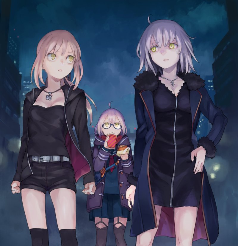 ahoge artoria_pendragon_(all) belt black_dress blonde_hair breasts cleavage clenched_hand coat commentary dark_persona dress drinking excalibur fate/grand_order fate_(series) food fur_trim glasses grey_hair hamburger hand_on_hip hood hooded_jacket jacket jeanne_d'arc_(alter)_(fate) jeanne_d'arc_(fate)_(all) jewelry looking_at_another medium_breasts multiple_girls mysterious_heroine_x_(alter) night red_scarf saber_alter scarf school_uniform semi-rimless_eyewear shorts small_breasts thighhighs urayamashiro_(artist) wicked_dragon_witch_ver._shinjuku_1999 yellow_eyes