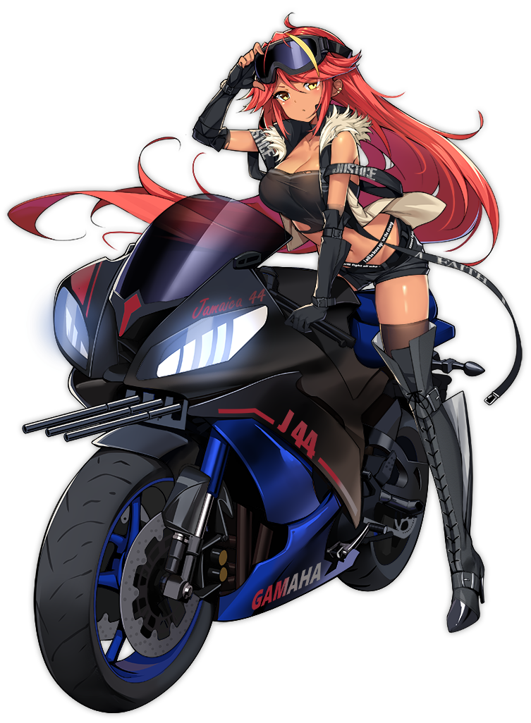 1girl adjusting_eyewear alternate_costume azur_lane bangs black_footwear black_legwear black_shorts blonde_hair blush bomber_jacket boots brand_name_imitation breasts cleavage closed_mouth collarbone dark_skin earrings floating_hair fur-trimmed_jacket fur_trim gloves goggles goggles_on_head ground_vehicle jacket jamaica_(azur_lane) jewelry large_breasts long_hair looking_at_viewer motor_vehicle motorcycle multicolored_hair multiple_earrings navel official_art on_motorcycle ootsuki_momiji red_hair short_shorts shorts sidelocks sitting sleeveless_jacket smile streaked_hair taut_clothes thigh_boots thighhighs transparent_background yellow_eyes