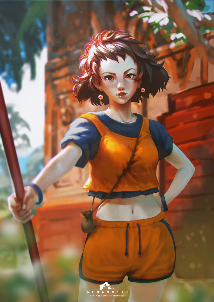 aekkarat_sumatchaya artist_name between_breasts blue_bracelet blue_shirt blurry bracelet breasts brown_hair commentary cosplay crop_top dated day depth_of_field drawstring earrings freckles hand_on_hip holding jewelry looking_at_viewer making_of midriff orange_shirt orange_shorts original outdoors pouch red_eyes shirt short_hair short_sleeves shorts small_breasts solo son_gokuu son_gokuu_(cosplay) strap_cleavage tank_top